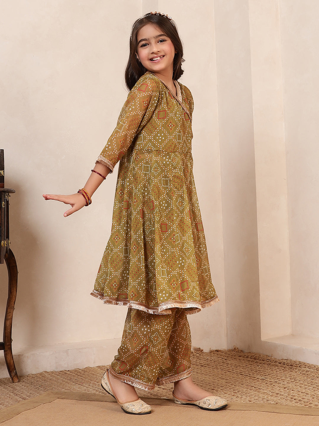 Bandhani Angrakha Style Kurta With Pants Fusion Set