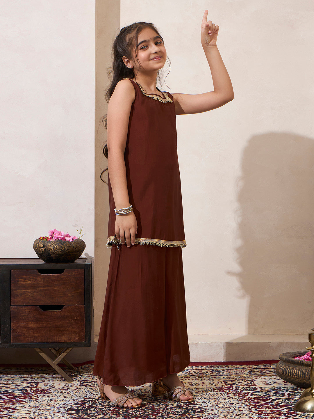 Girls Dark Copper Brown Short Kurti Palazzo Dupatta Set