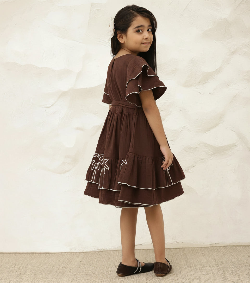 Embroidered Palm Motif Pure Cotton Dark Brown Dress For Girls
