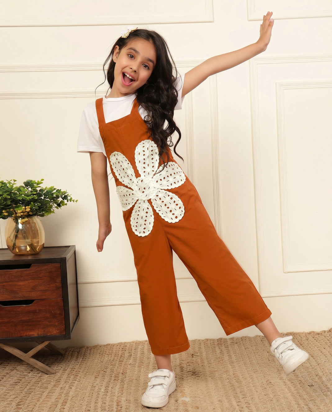 Tan Big Flower Patch Girls' Jumpsuit (T-shirt not included)