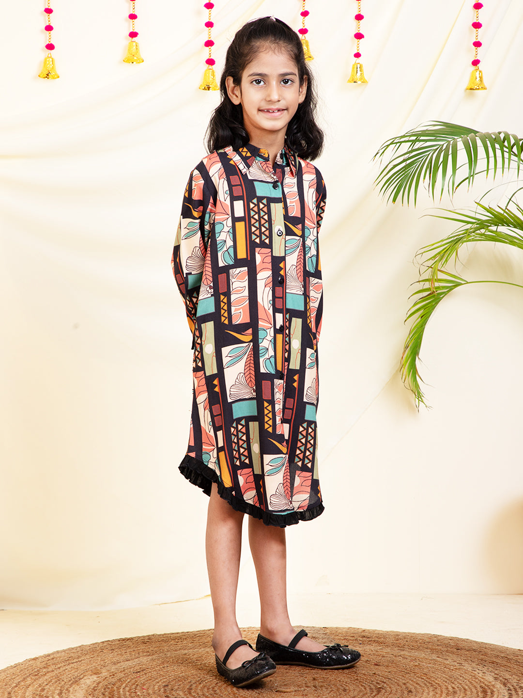 Abstract Printed Girls Shirt Dress With Frill
