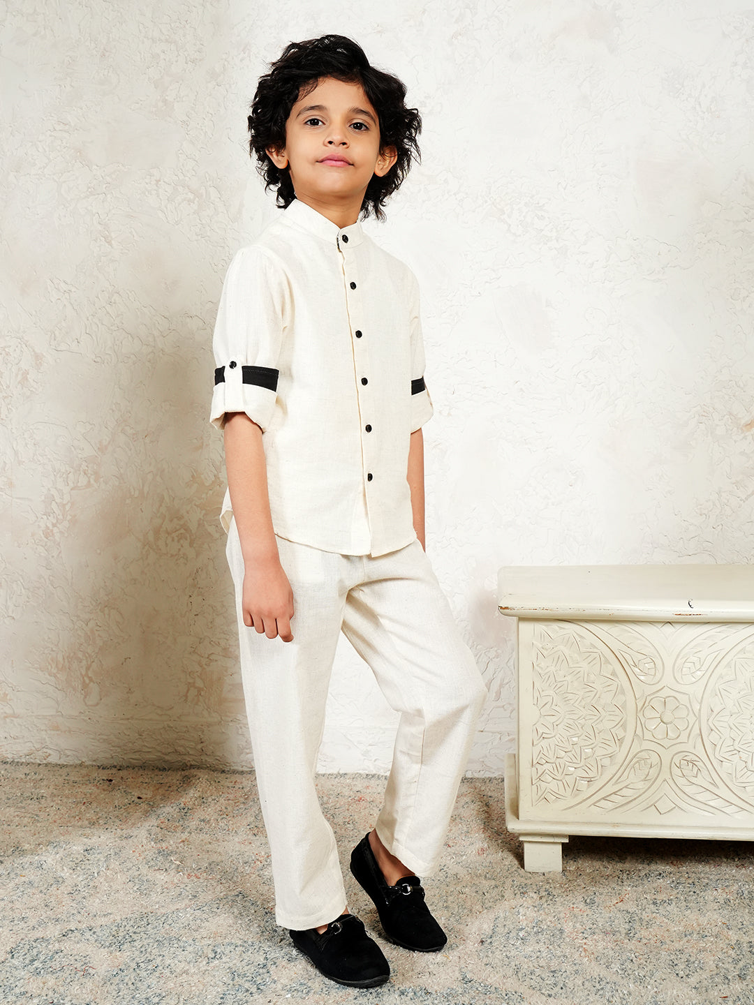 Off White Pure Cotton Flex Co-Ord Set For Boys