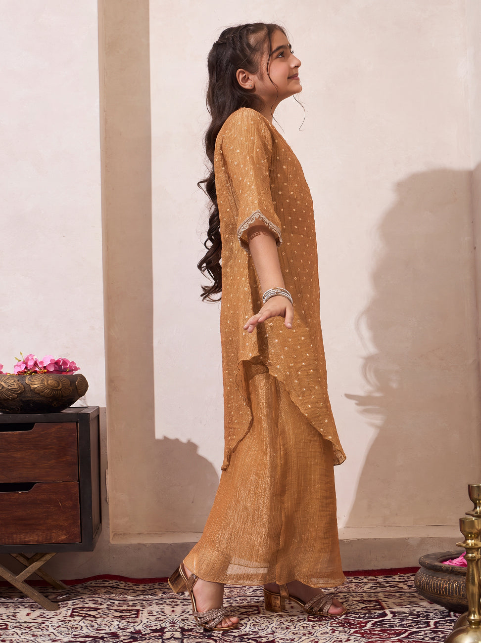 Golden Solid Shimmer Butta One Shoulder Kurta With Palazzo