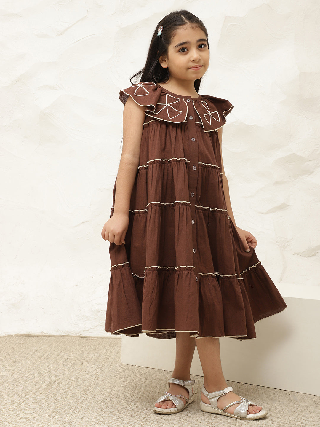 Pure Cotton Brown Embroidered Tiered Dress