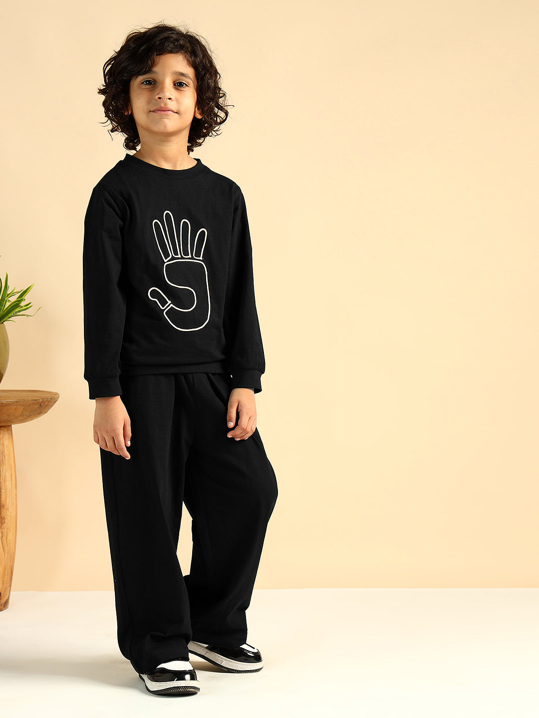 Black Pure Cotton Embroidered Co-Ord Set For Boys