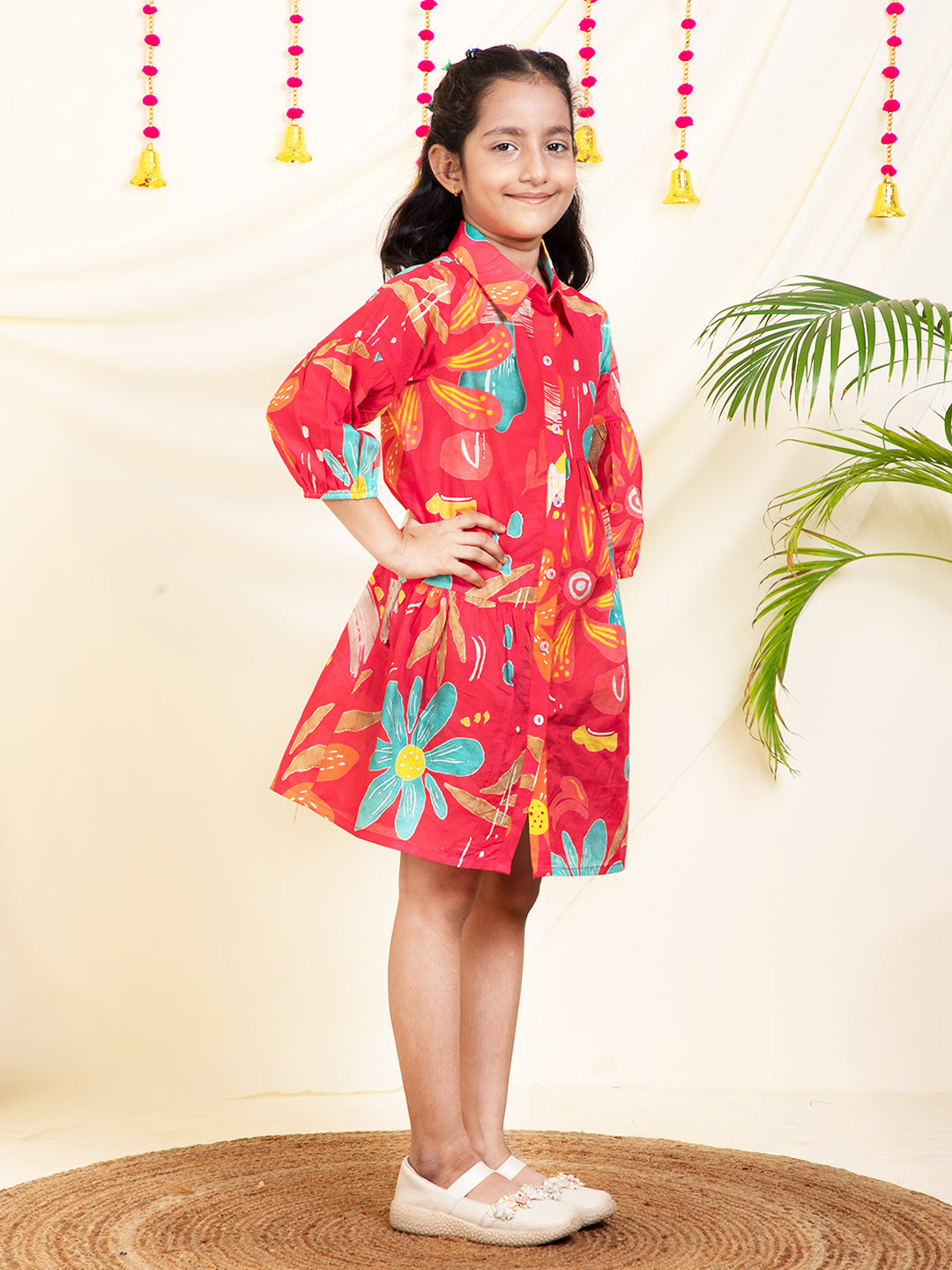 Floral Printed Gathered Girls Shirt Dress