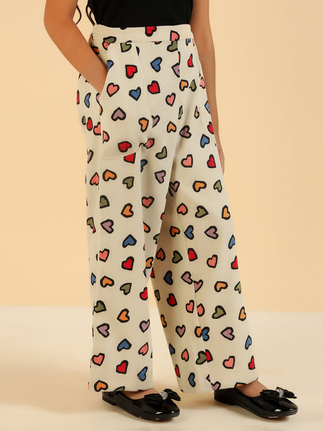 Heart Print MultiColor Patch Pocket Pant For Girl