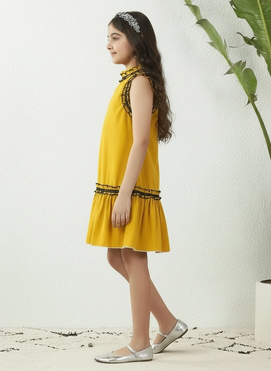 Yellow Cotton Poplin A-Line Above Knee Length Dress