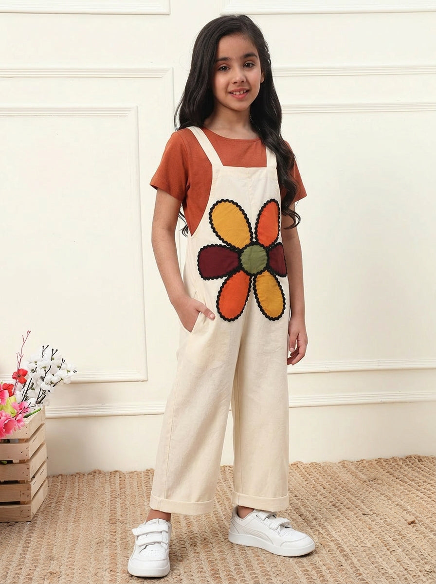 Off White Big Flower Patch Girls' Jumpsuit (T-shirt not included)