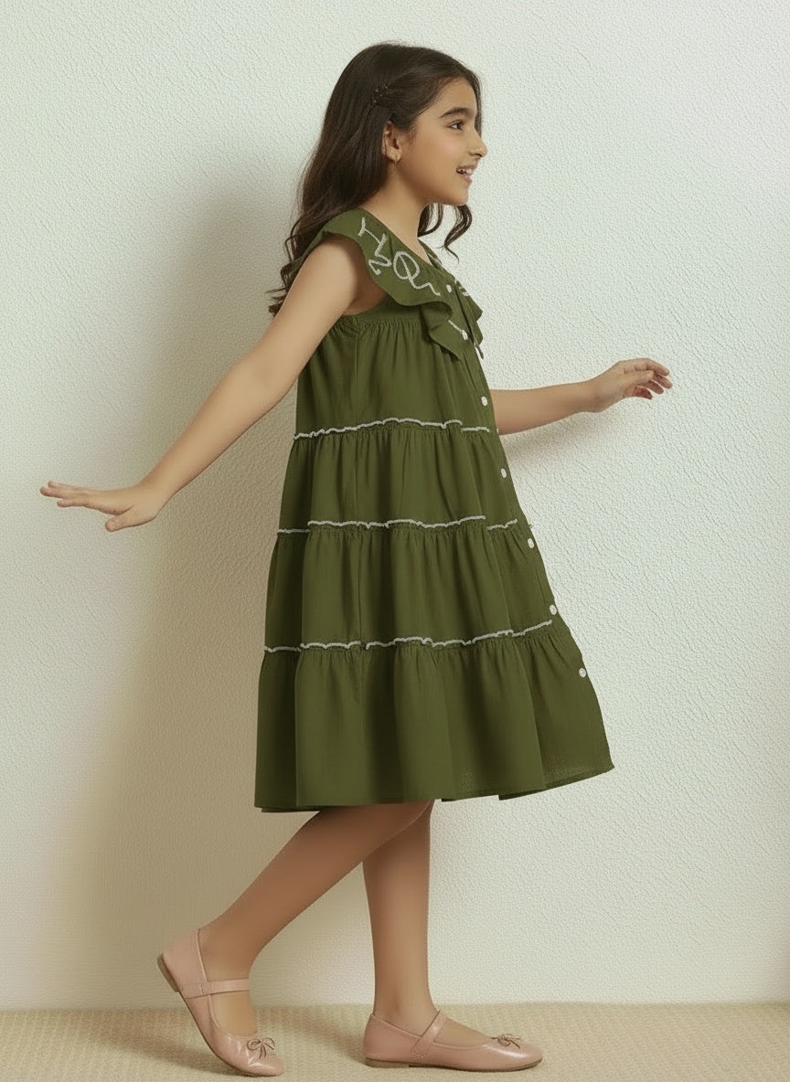 Sea Green Cotton Round Neck Shirt Style Above Knee Length Dress For Girls