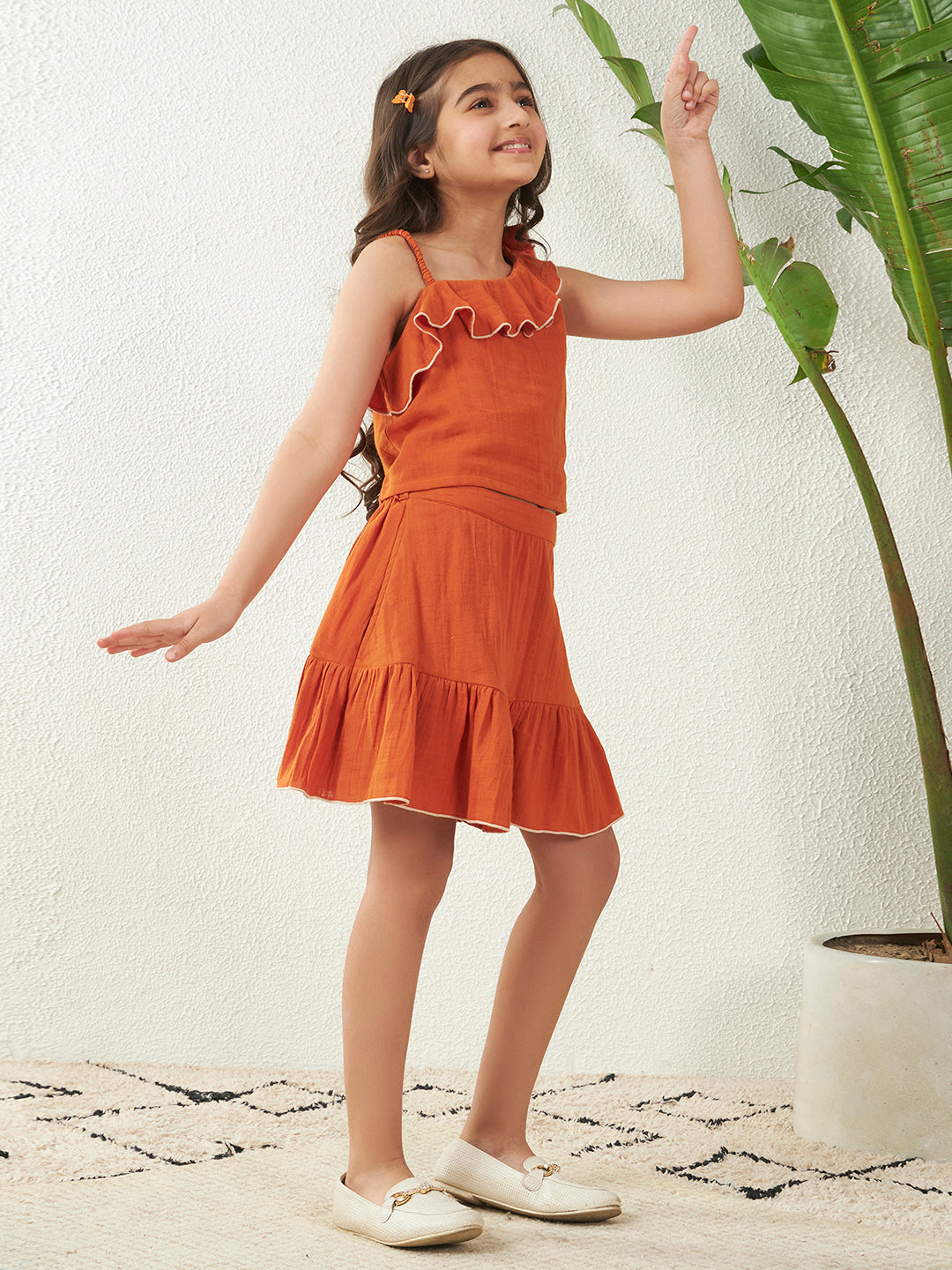 Orange One Shoulder Top With Tiered Skirt Co-Ord Set