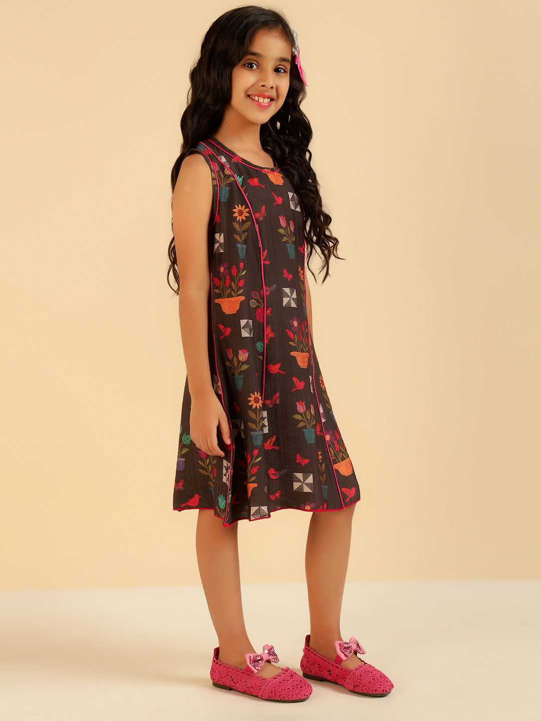 Brown Multi Color Floral Panel Girls Dress