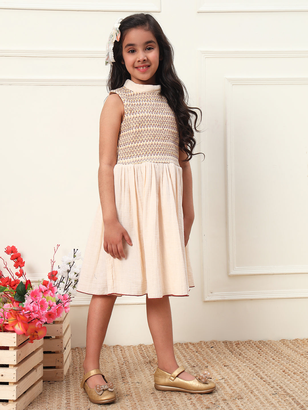 Knee Length Colorful Smocking Dress