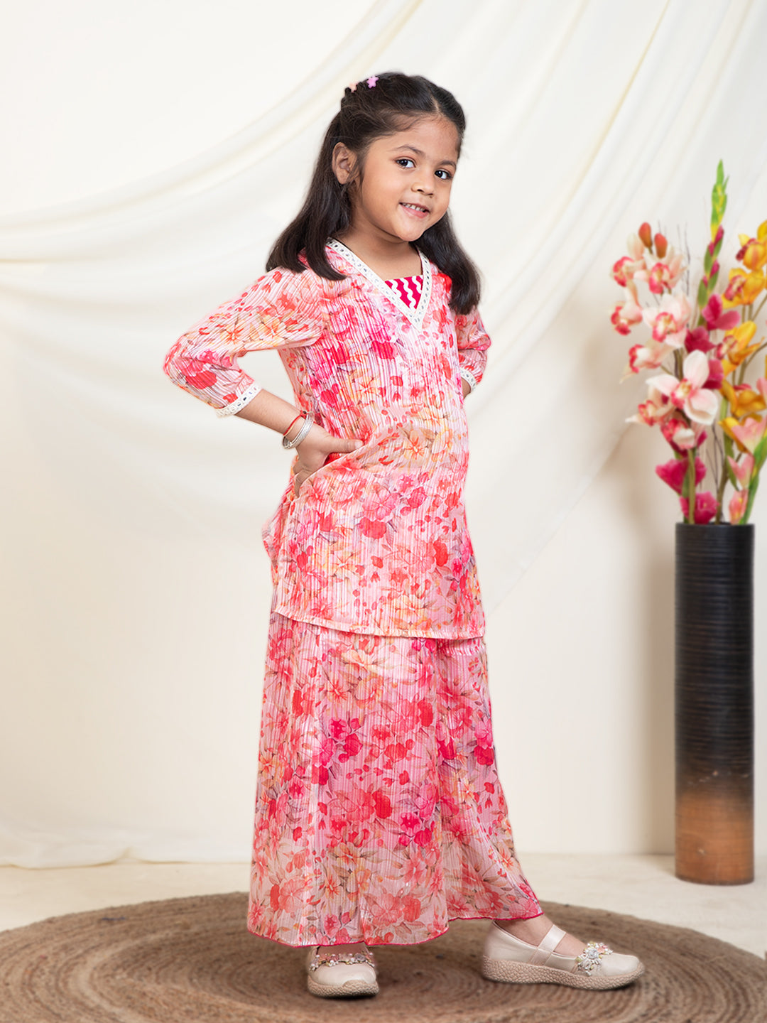 Floral Print Kurti & Palazzos With Inner Top