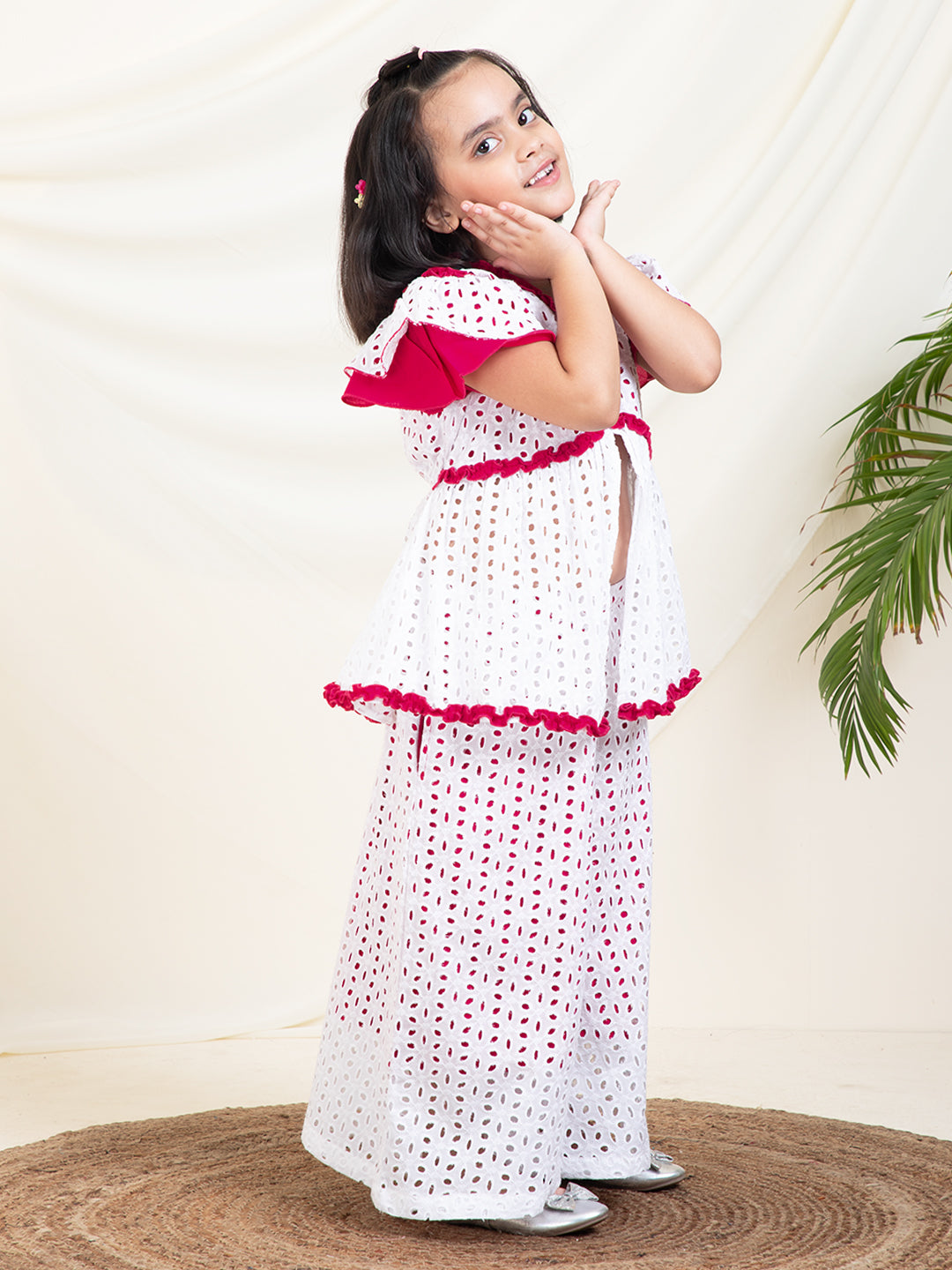 Embroidered Schiffli Peplum Top With Palazzo