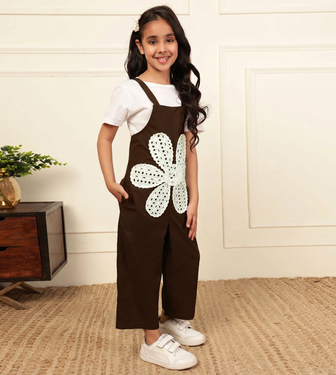 Brown Big Flower Patch Girls' Jumpsuit (T-shirt not included)