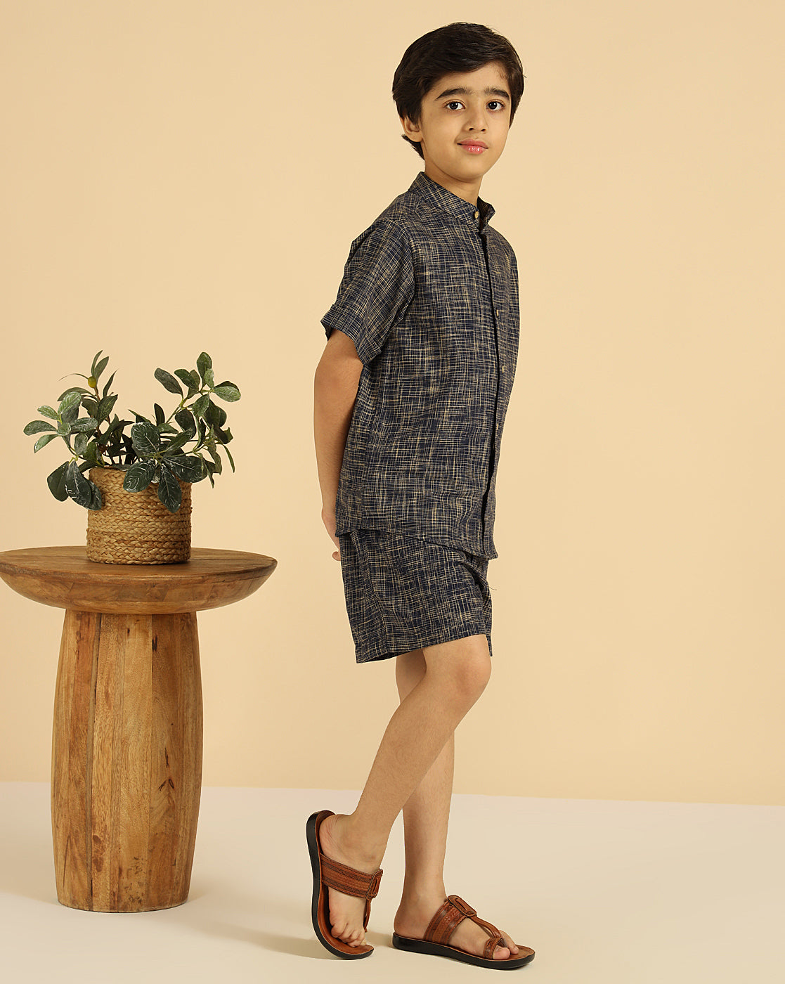 Navy Blue Pure Cotton Khadi Shirt With Shorts Boys Co-Ord Set
