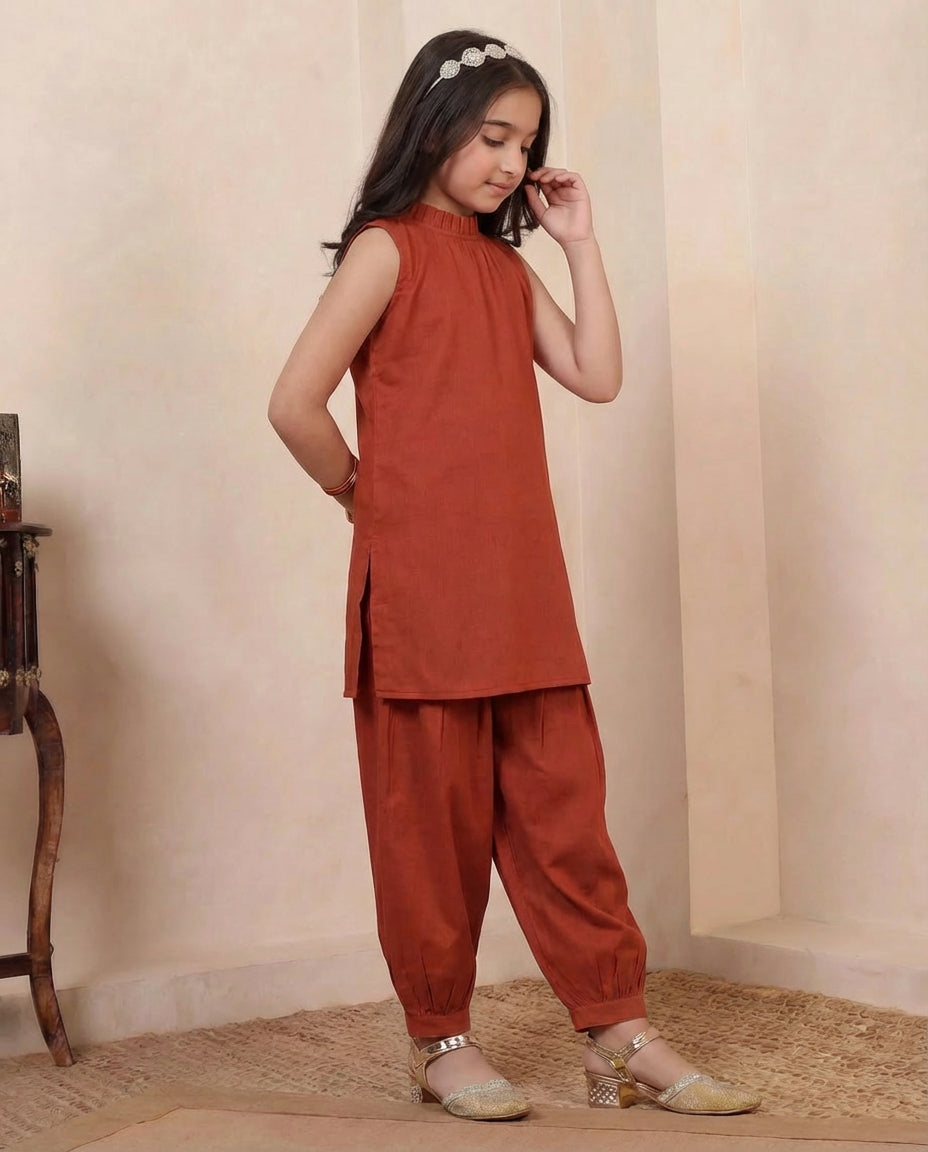 Brown Cotton Kurta With Gathered Pant Girls Co-ord Set