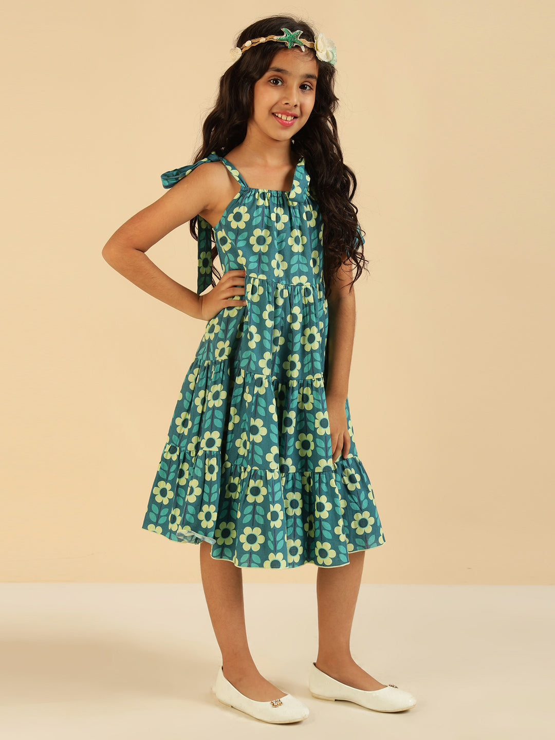 Pure Cotton Floral Print Tiered Girls Dress