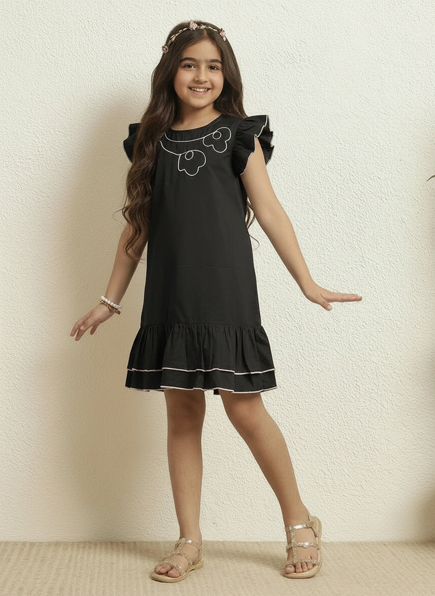 Girls Black Cotton Poplin Floral Dori Work A-Line Dress