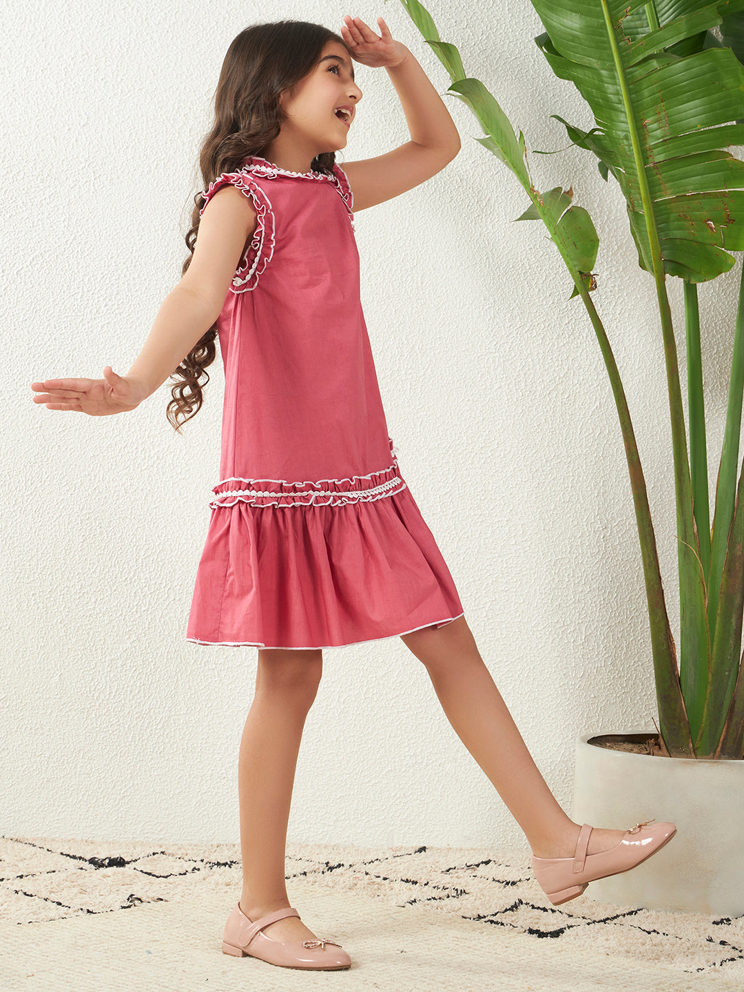 Pink Cotton Round Neck Poplin A-Line Knee Length Dress