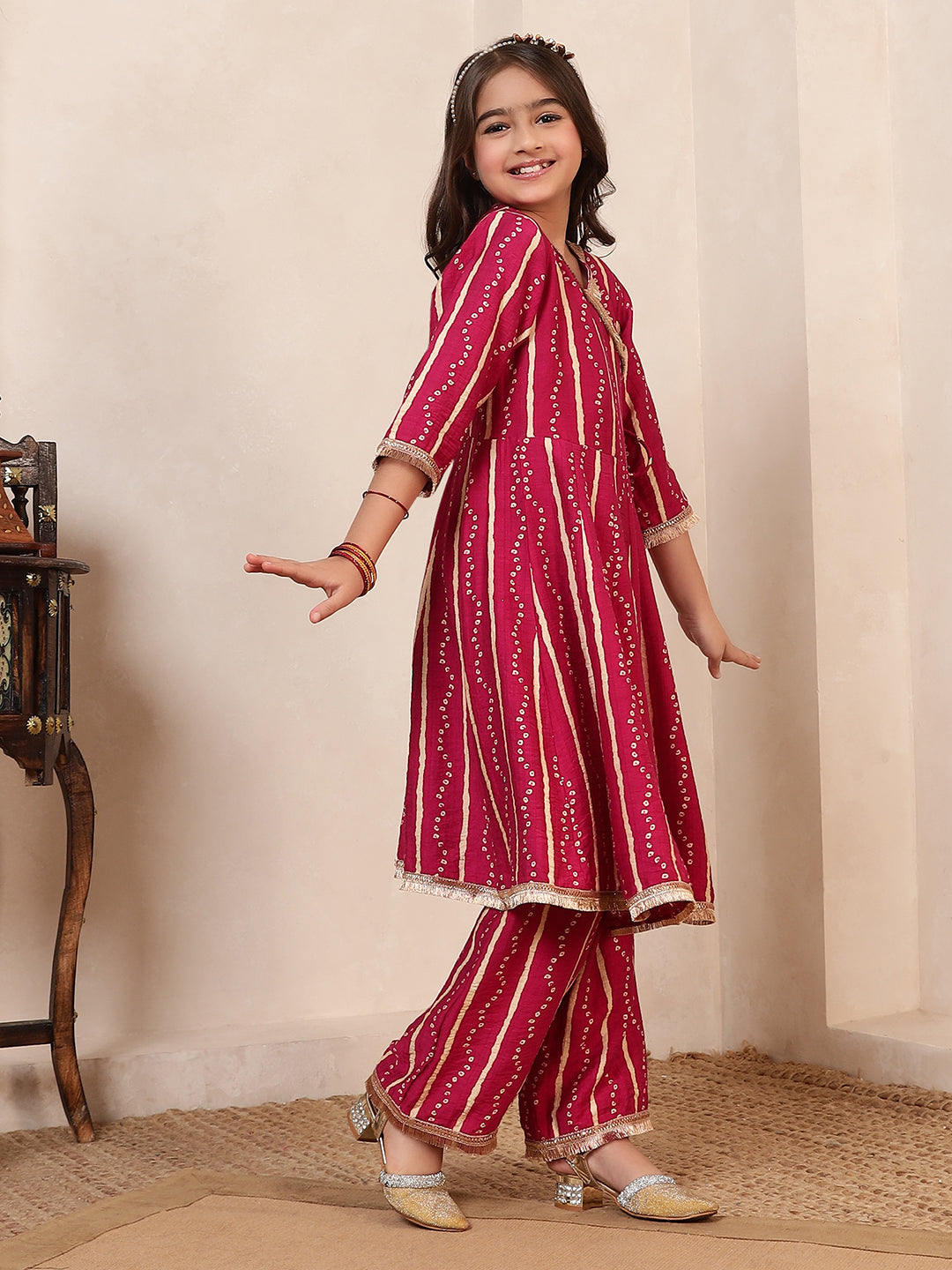 Angrakha Style Bandhani Kurta With Pants Set