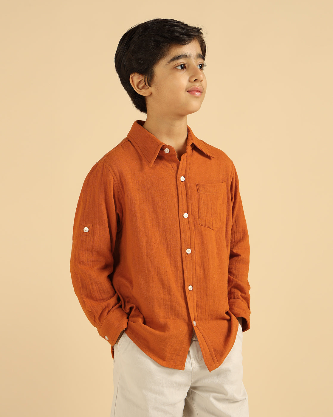 Pure Cotton Tan Brown Solid Boys Shirt