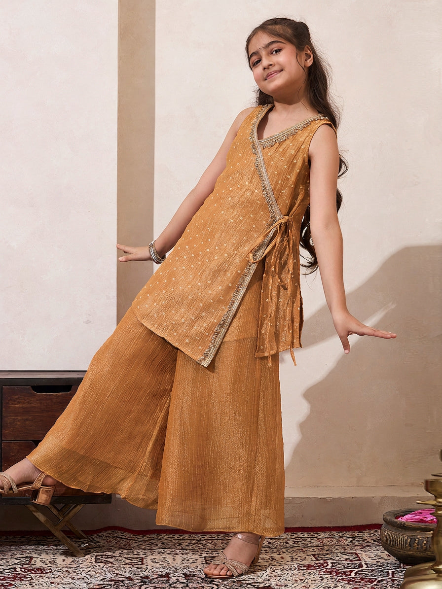 Golden Solid Shimmer Butta Angrakha & Palazzo Set