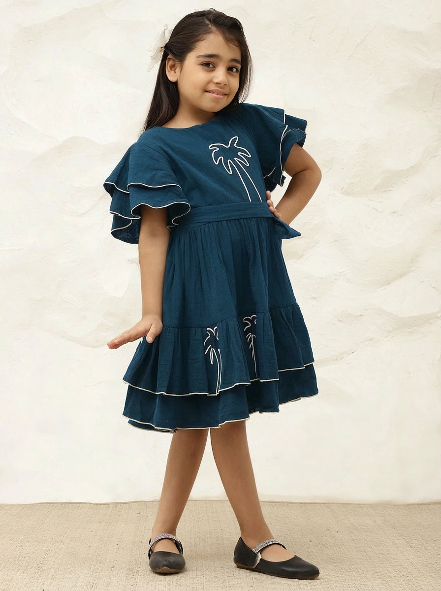 Embroidered Palm Motif Pure Cotton Gauze Dress For Girls