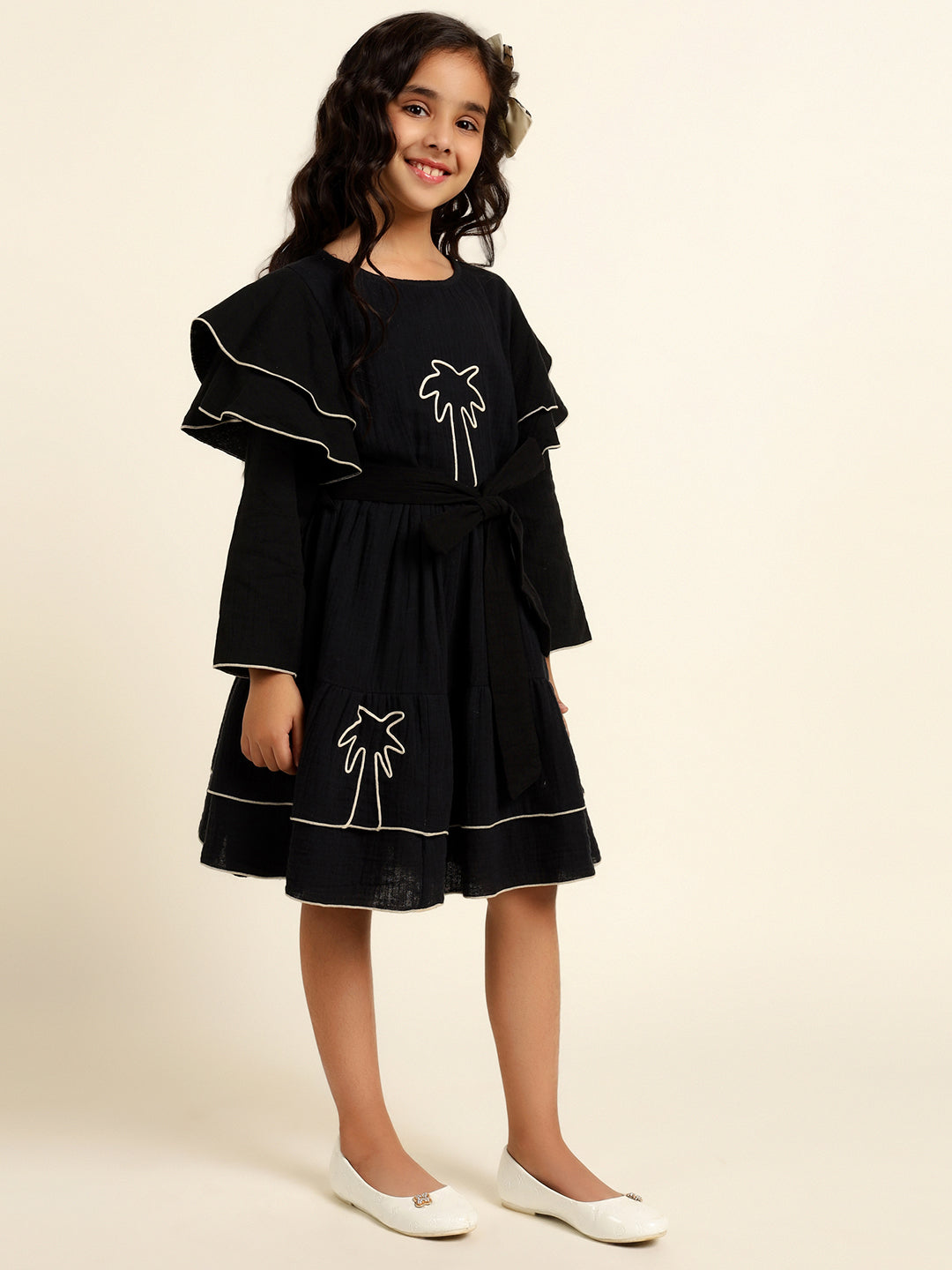 Black Embroidered Palm Motif Pure Cotton Dress For Girl