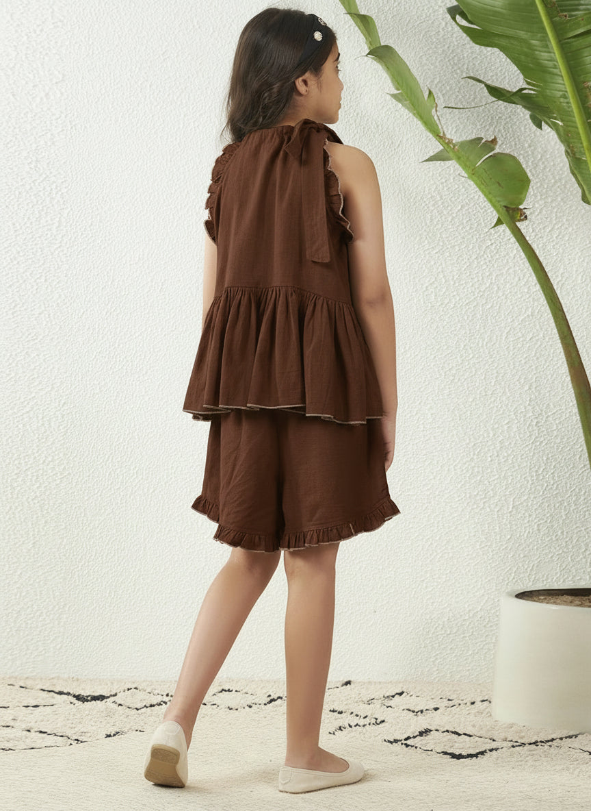 Dark Brown Cotton Flex Halter Neck Top & Shorts