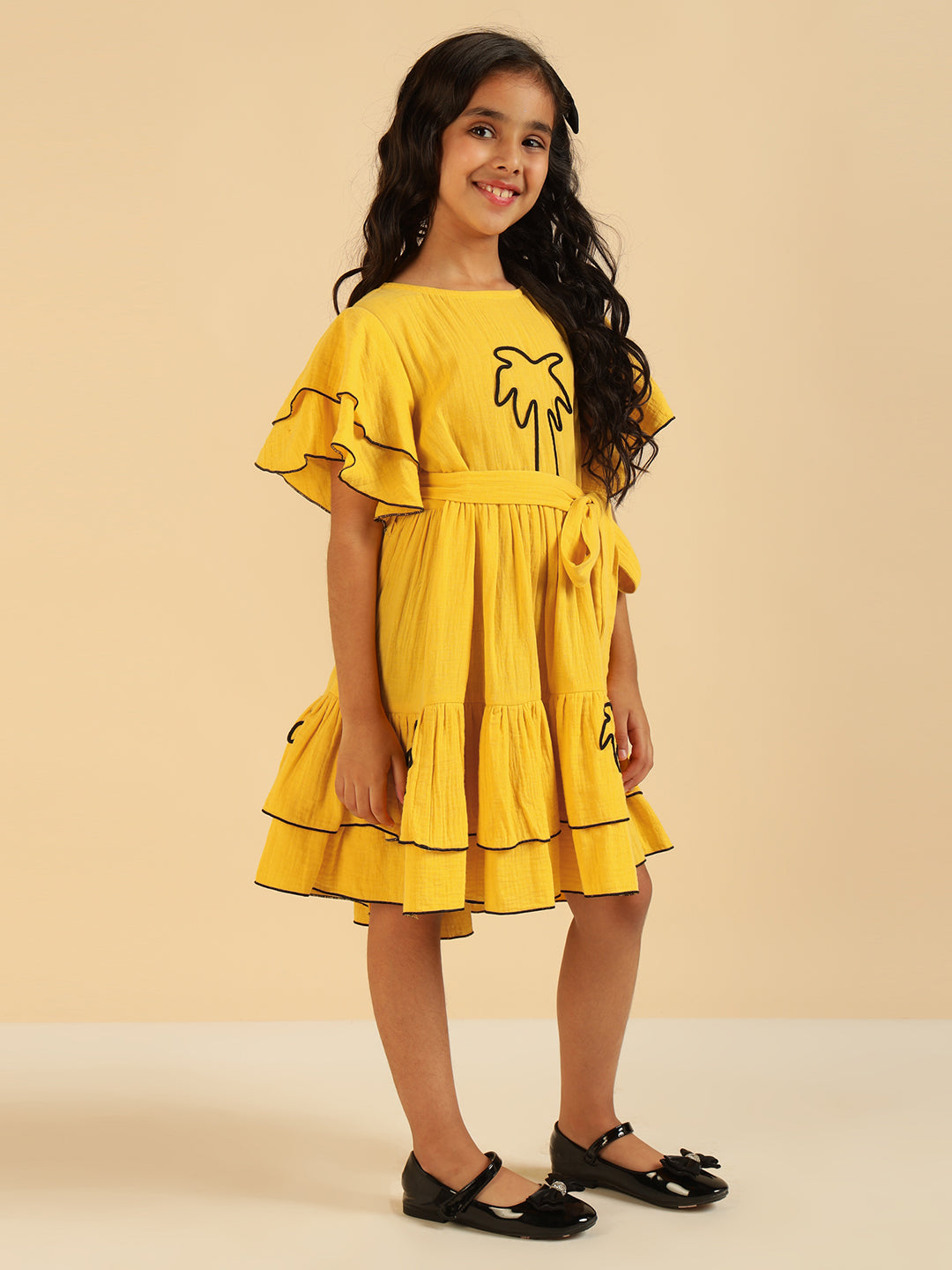 Yellow Embroidered Palm Motif Pure Cotton Gauze Girls Dress