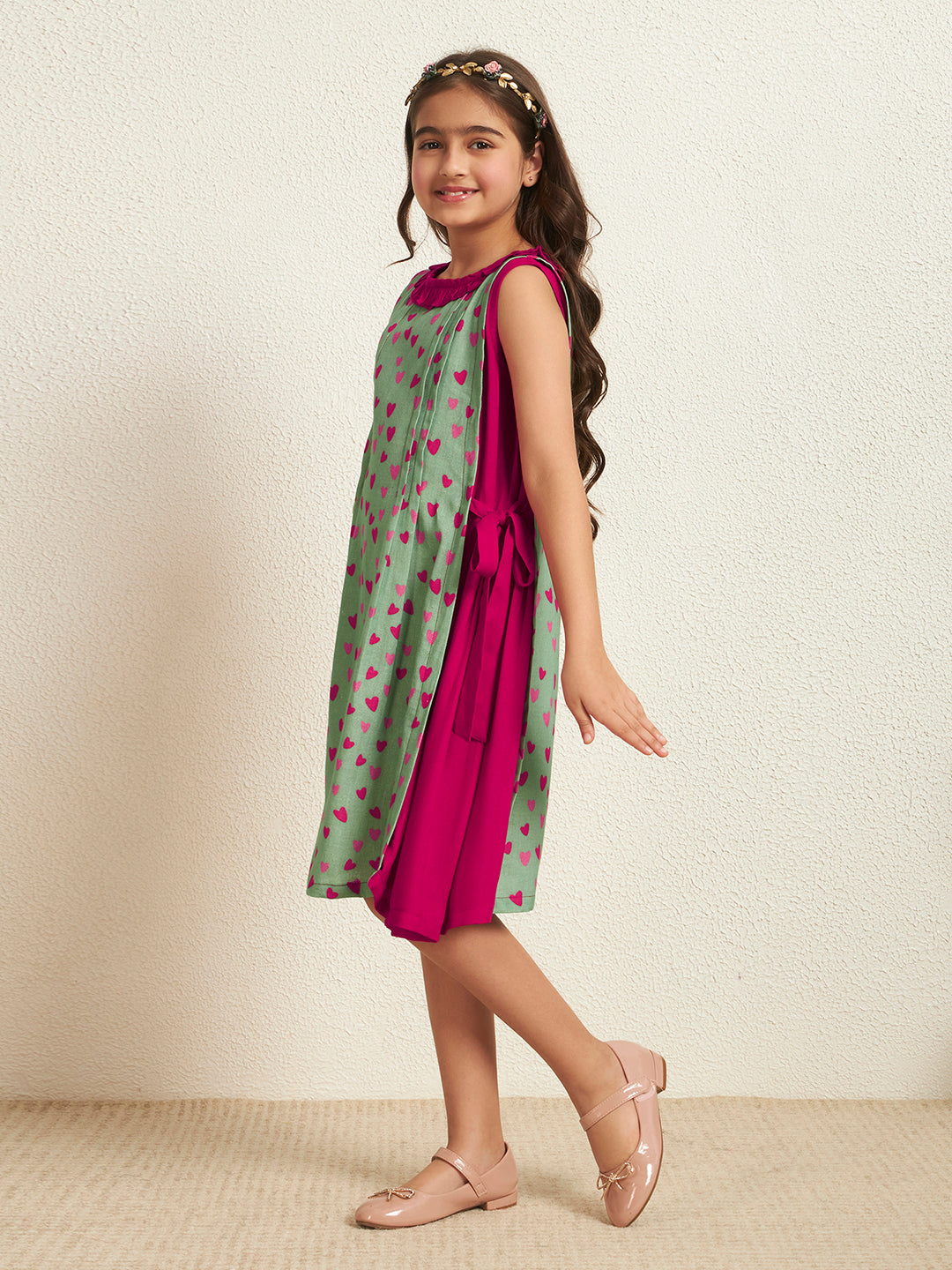 Girl's Green Cotton Flex Heart Print With Solid A-Line Tiered Dress
