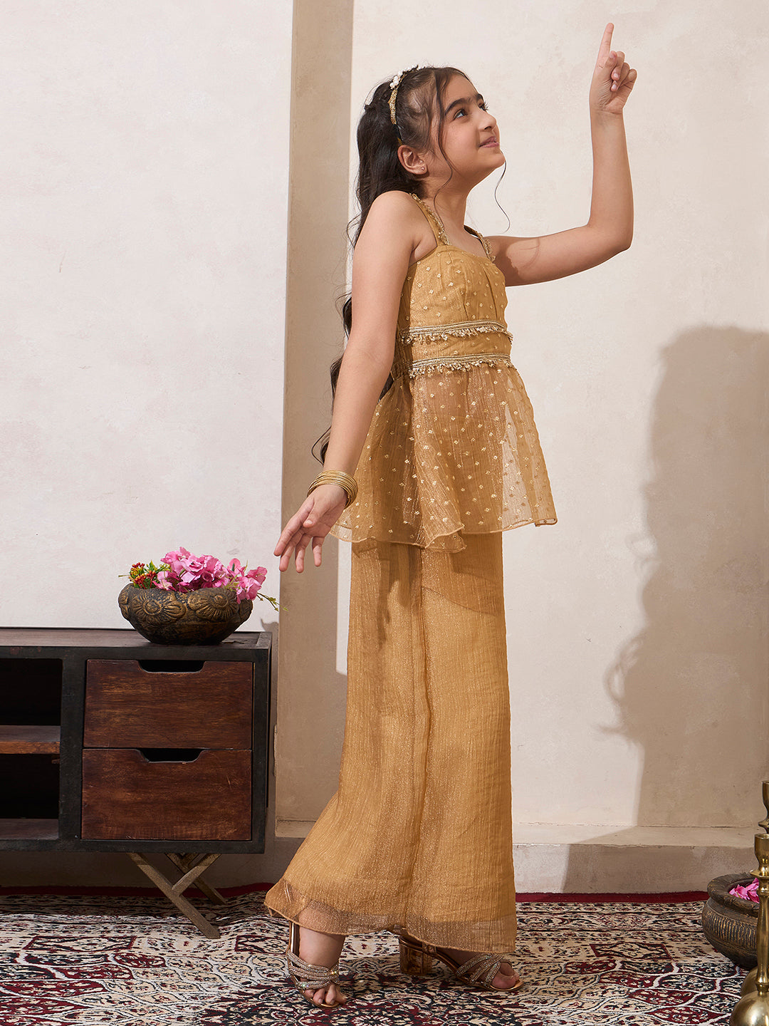 Golden Shimmer Butti Work Peplum Top & Palazzo With Dupatta