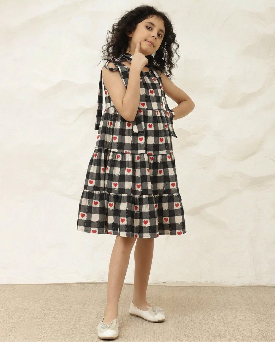 Adjustable Check Heart Print Tiered Dress