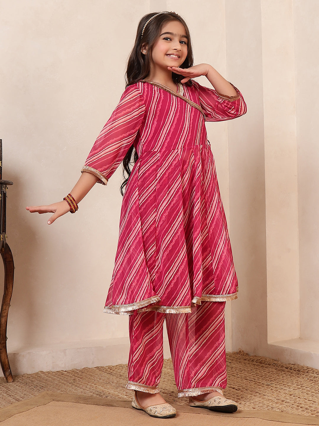Leheriya Angrakha Style Kurta With Pants Set