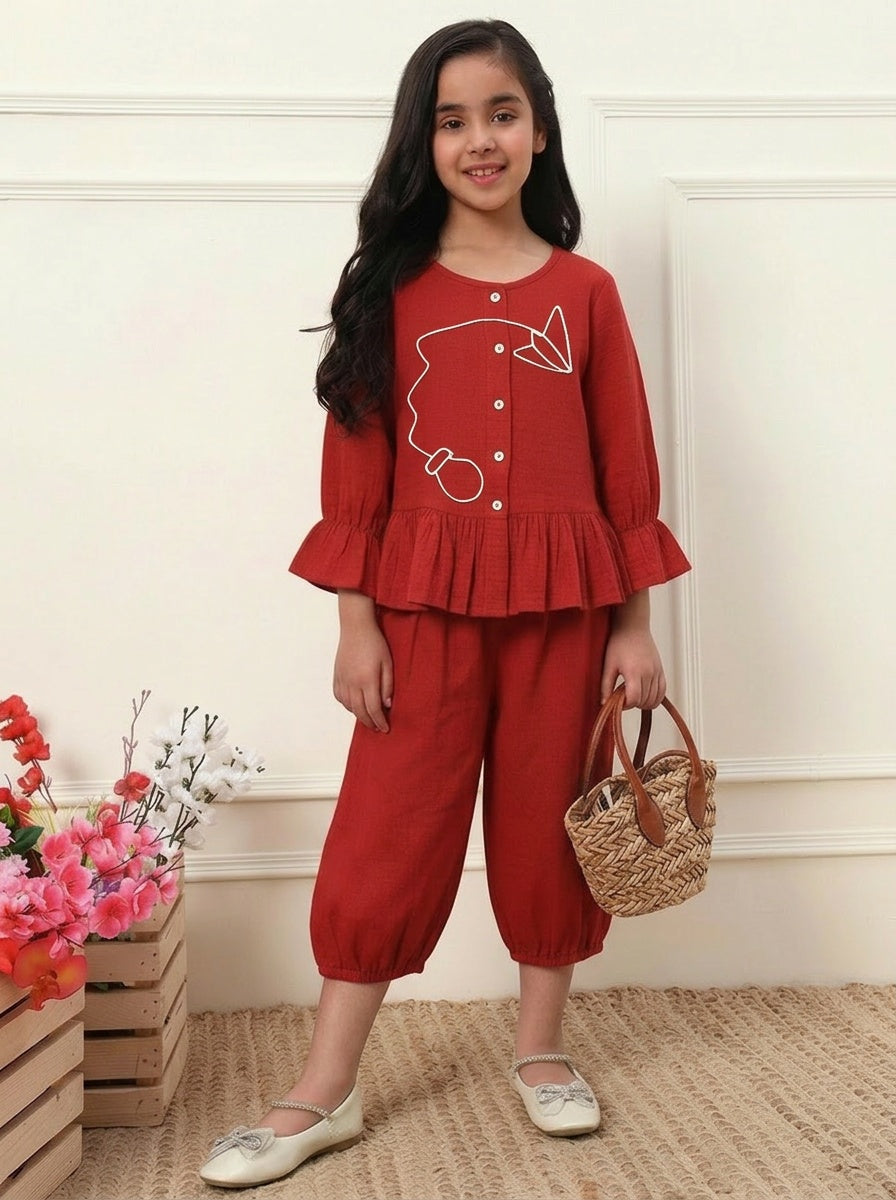 Red Cotton Round Neck Top With Pant Co-ord Set