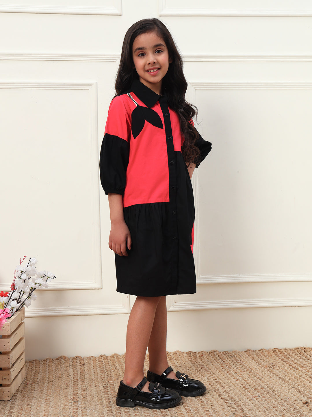 Black & Pink Colorblock Gathered Dress