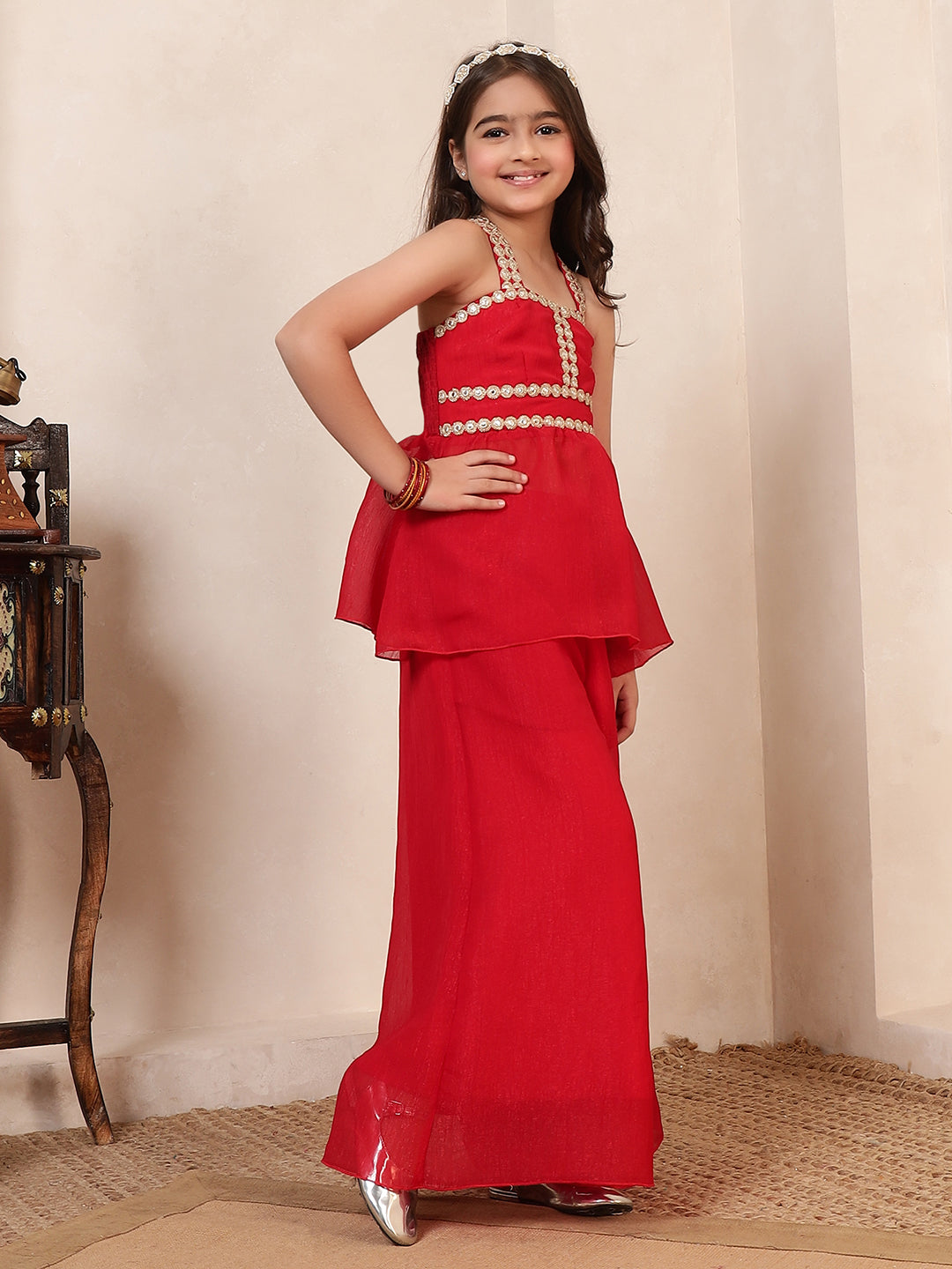 Red Shimmer Peplum Top & Palazzos With Dupatta Fusion Co-Ord Set