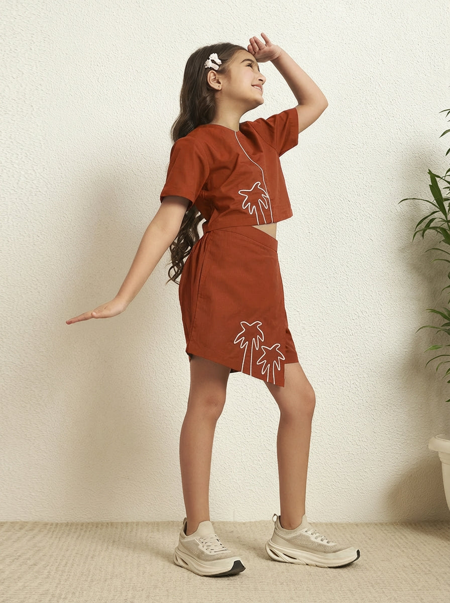 Tan Brown Cotton Poplin Solid Round Neck Girls Co-Ord Set