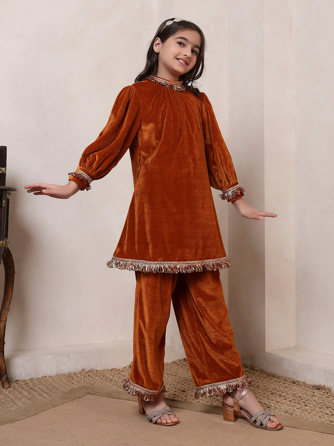 Mustard Velvet Band Collar Kurta Set