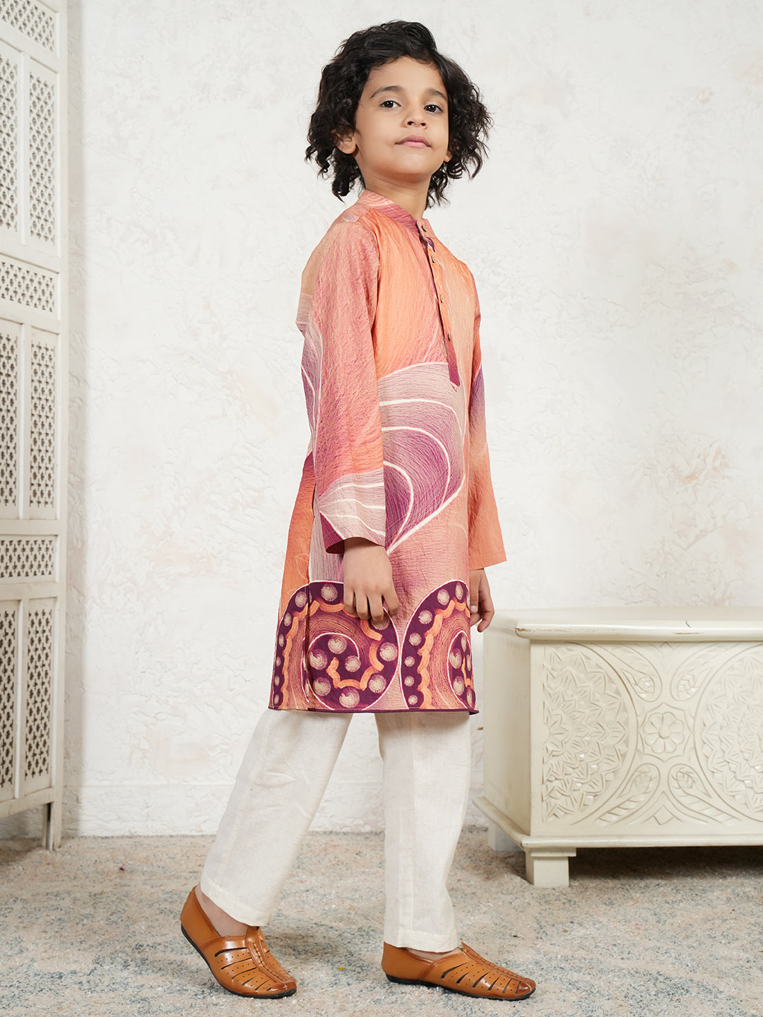 Abstract Print Peach Kurta For Boys