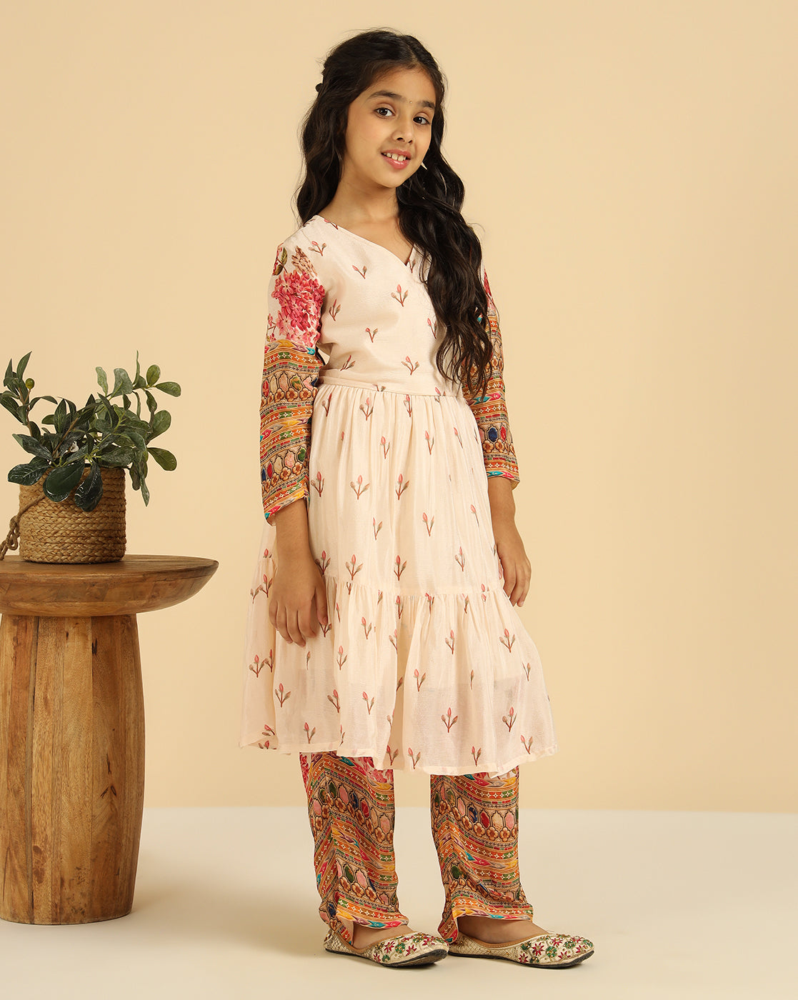 V-Neck Tiered Kurta With Pant Indo Western Girls Co-Ord Set