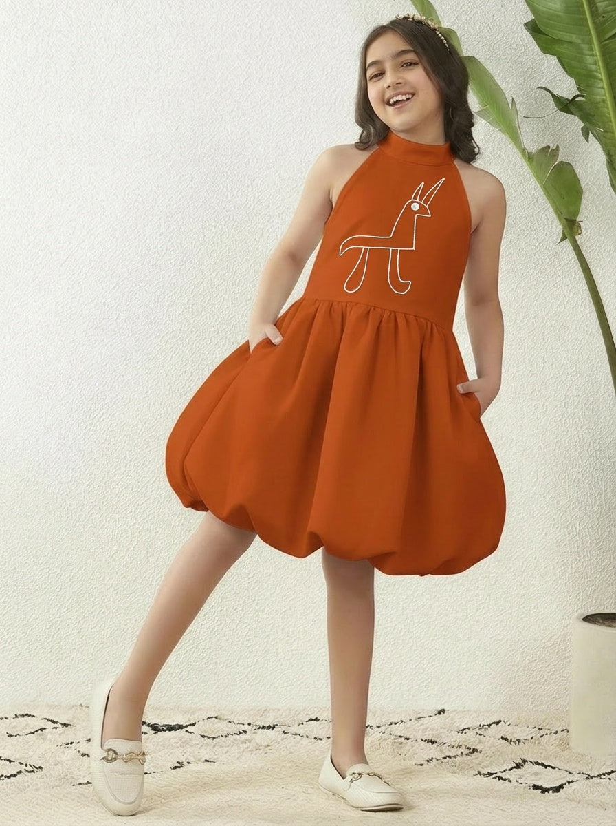 GIRLS TAN BROWN HALTER NECK BALLOON DRESS