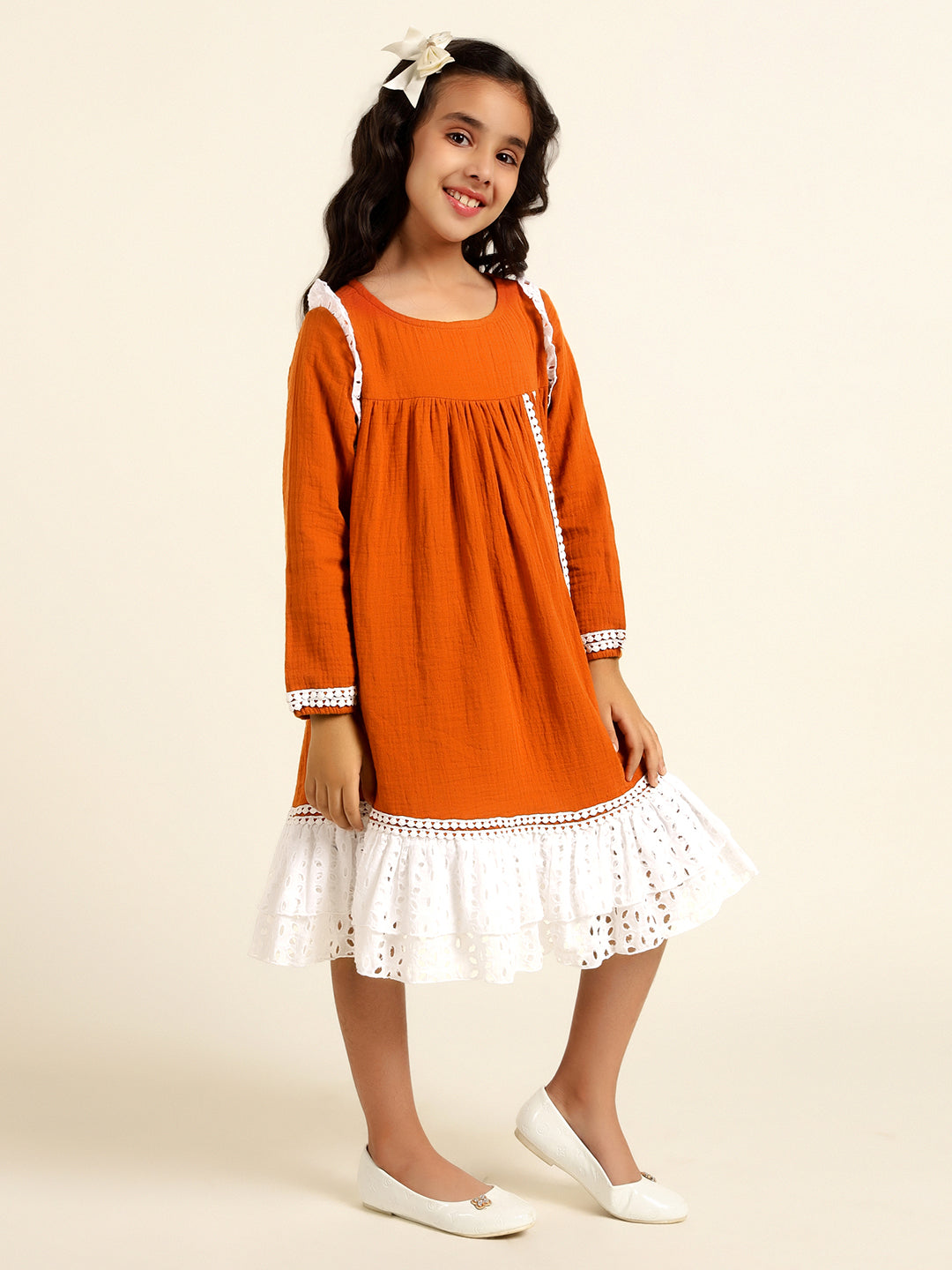 Pure Cotton With Schiffli Tiered Dress For Girls