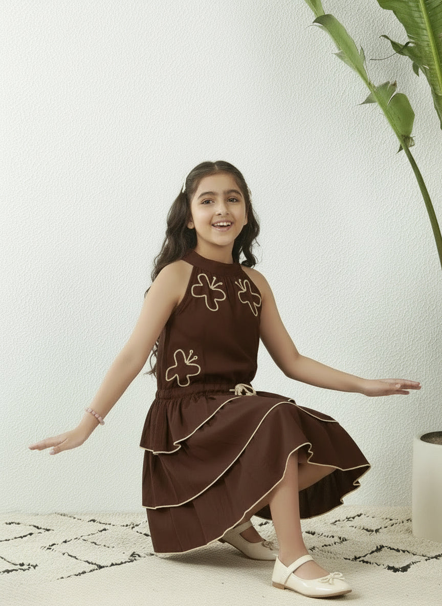 Girls' Brown Cotton Tiered Halter Dress with Butterfly Embroidery and Tassel Detail