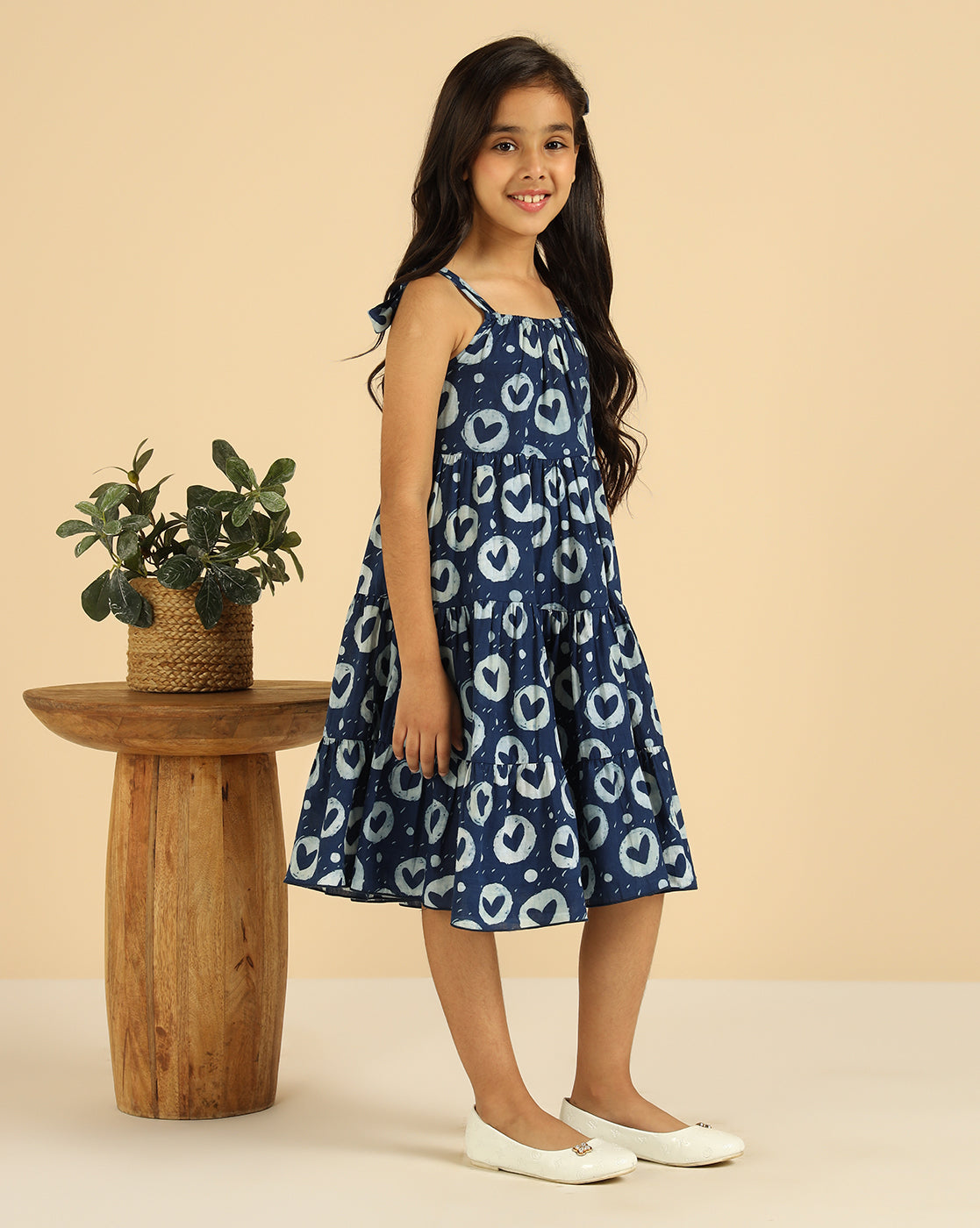 Pure Cotton Heart Print Tiered Girls Dress