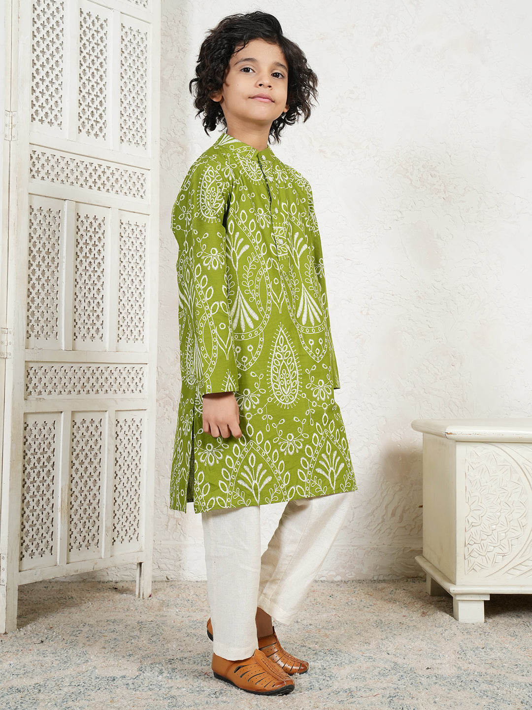 Green Embroidered Boys Kurta