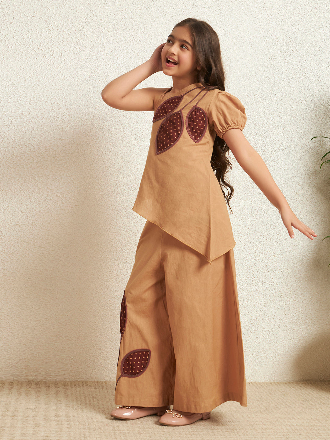 Beige Cotton Flex Solid One-Shoulder Patch Work Girls Co-Ord Set