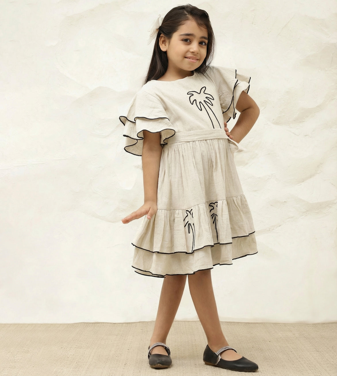 Embroidered Palm Motif Pure Cotton Gauze Dress For Girls